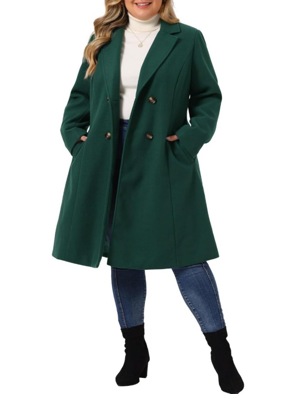 Plus Size Long Winter Coat for Women, Notched Lapel, Warm Double Breasted